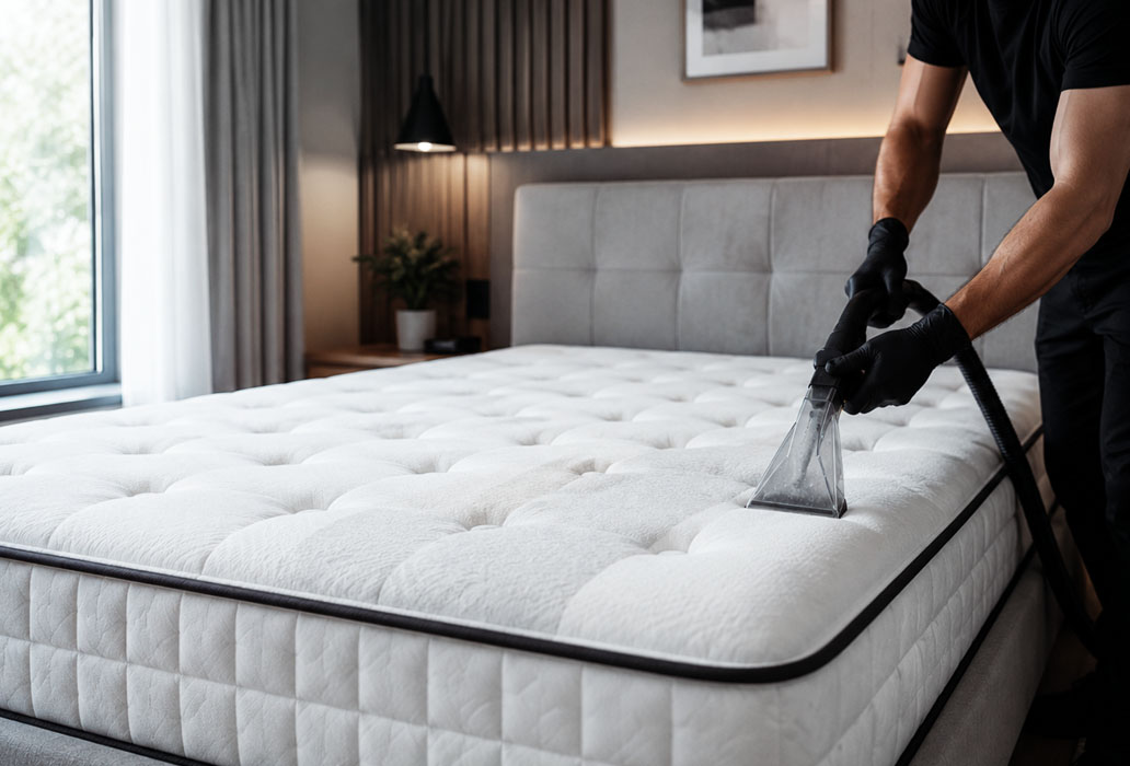 Higienização de um colchão com extratora, num quarto